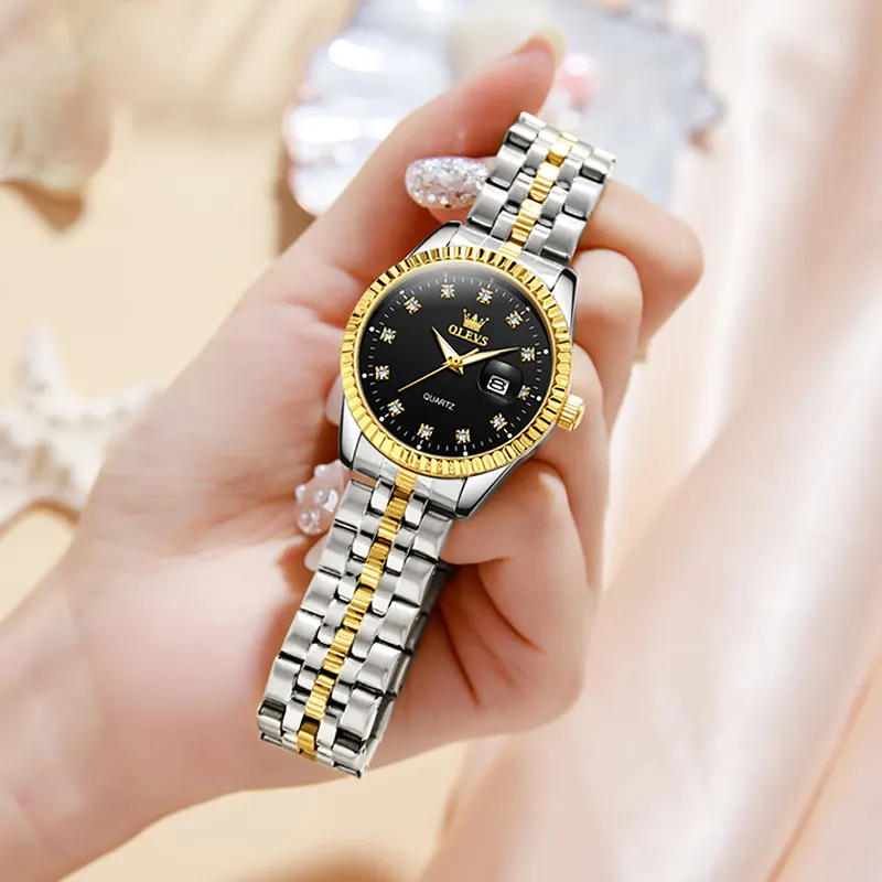 Olevs Fashion Black Dial Two-tone Couple Watch- 5526